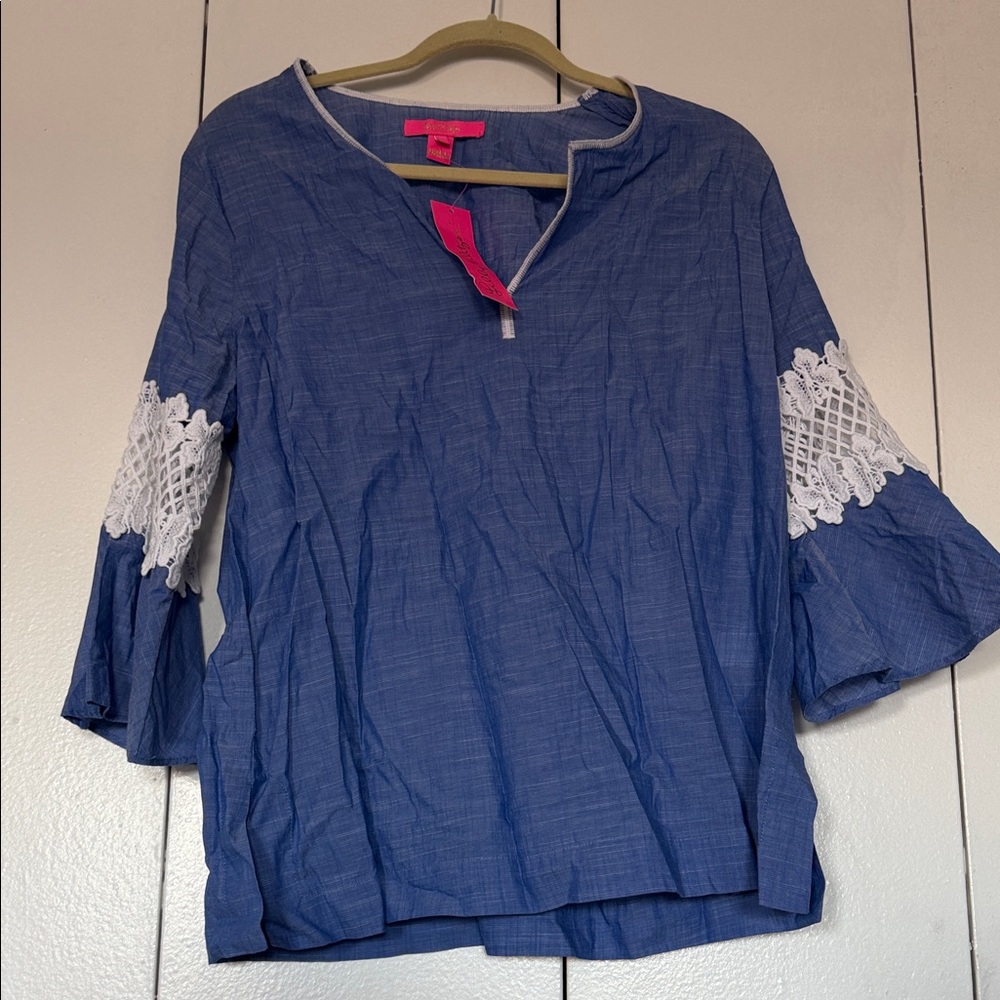 Lilly Pulitzer Blue Blouse with White Lace Sleeves